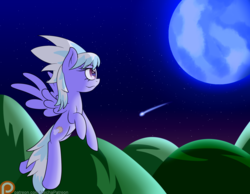 Size: 1800x1400 | Tagged: safe, artist:mechanized515, cloudchaser, pegasus, pony, g4, background pony, female, flying, moon, night, patreon, patreon logo, shooting star, solo