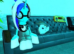 Size: 808x588 | Tagged: safe, oc, oc only, oc:breezy, pony, unicorn, 3d, boombox, clothes, couch, female, glasses, gmod, goggles, headphones, hoodie, mare, prone, smiling, wat