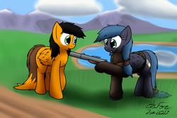 Size: 1280x857 | Tagged: safe, artist:the-furry-railfan, oc, oc only, oc:night strike, oc:twintails, pegasus, pony, clothes, cloud, grenade launcher, hair ornament, invention, jacket, lake, m79, mountain, outdoors, sequence, this will end in balloons, weapon