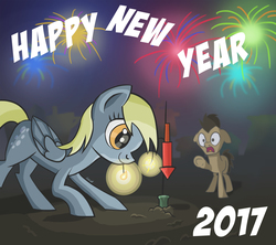 Size: 2699x2400 | Tagged: safe, artist:helmie-art, derpy hooves, doctor whooves, time turner, pegasus, pony, g4, 2017, duo, female, fireworks, happy new year, happy new year 2017, high res, mare, this will end in tears