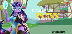 Size: 1700x800 | Tagged: safe, artist:ambris, twilight sparkle, anthro, g4, crossover, cutie mark, female, overwatch, play of the game, solo, symmetra, symmetwi, tara strong