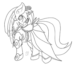 Size: 2230x1913 | Tagged: safe, artist:dimvitrarius, minuette, pony, unicorn, g4, bow, clothes, dress, female, horn, horn ring, looking at you, monochrome, raised hoof, simple background, smiling, solo, tail bow, veil, white background