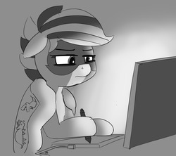 Size: 1280x1137 | Tagged: safe, artist:pabbley, oc, oc only, oc:bandy cyoot, pony, raccoon pony, blanket, computer, drawing, gradient background, grayscale, monochrome, solo, tablet, tired