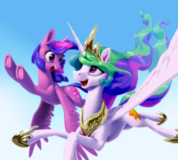 Size: 5000x4500 | Tagged: safe, artist:nadnerbd, princess celestia, twilight sparkle, alicorn, pony, g4, absurd resolution, celestia's crown, crown, duo, flying, gradient background, height difference, hoof shoes, jewelry, long mane, long tail, looking at each other, missing wing, open mouth, peytral, princess shoes, regalia, sky, slender, smiling, spread wings, tail, teeth, thin, twilight sparkle (alicorn), underhoof, windswept mane, windswept tail