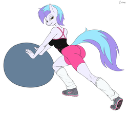 Size: 1200x1058 | Tagged: safe, artist:canime, oc, oc only, earth pony, anthro, plantigrade anthro, ass, butt, clothes, exercise, female, leg warmers, leotard, looking at you, looking back, looking back at you, mare, medicine ball, shoes, simple background, smirk, sneakers, solo, white background