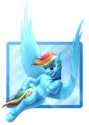 Size: 1800x2520 | Tagged: safe, artist:mykegreywolf, rainbow dash, pony, g4, female, flying, large wings, open mouth, raised hoof, sky, smiling, solo, wings