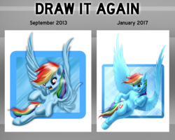Size: 2500x2000 | Tagged: safe, artist:mykegreywolf, rainbow dash, pony, g4, belly button, comparison, comparison chart, draw this again, female, flying, high res, large wings, open mouth, sky, smiling, solo, wings