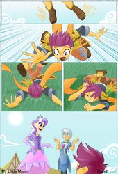 Size: 1762x2588 | Tagged: safe, artist:didj, diamond tiara, scootaloo, silver spoon, human, my little mages, g4, clothes, comic, dress, faceplant, falling, humanized, mocking, teasing