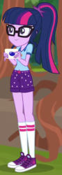 Size: 275x772 | Tagged: safe, screencap, sci-twi, twilight sparkle, equestria girls, g4, my little pony equestria girls: legend of everfree, clothes, converse, cropped, female, glasses, legs, scenery, shoes, shorts, smiling, sneakers, socks, solo