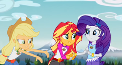 Size: 899x481 | Tagged: safe, edit, edited screencap, screencap, applejack, rarity, sunset shimmer, equestria girls, g4, my little pony equestria girls: legend of everfree, dissapointed jewish grandparent applejack, wtf