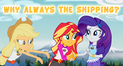 Size: 899x481 | Tagged: safe, edit, edited screencap, screencap, applejack, rarity, sunset shimmer, equestria girls, g4, my little pony equestria girls: legend of everfree, dissapointed jewish grandparent applejack, female, lesbian, shipping, sunsarity, text, text edit, wtf