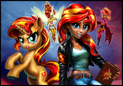 Size: 1556x1080 | Tagged: safe, artist:harwick, sunset shimmer, pony, unicorn, equestria girls, g4, angry, belly button, clothes, cute, daydream shimmer, face paint, female, floating, jacket, journal, leather jacket, looking at you, midriff, open mouth, pants, revised, self paradox, self ponidox, solo, sunset satan, sunset's conscience