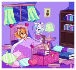 Size: 2000x1831 | Tagged: safe, artist:ipun, oc, oc only, earth pony, pony, unicorn, bed, book, female, heart eyes, heart pillow, lamp, mare, pillow, teddy bear, wingding eyes