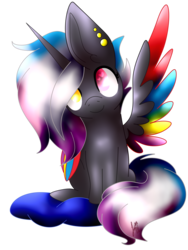 Size: 1772x2362 | Tagged: safe, artist:hikkamm, oc, oc only, oc:flaming rainbow, alicorn, pony, alicorn oc, colored wings, female, heterochromia, mare, multicolored wings, rainbow wings, simple background, sitting, solo, transparent background