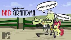 Size: 720x410 | Tagged: artist needed, safe, apple bloom, granny smith, g4, bad grandpa, booze, cider, crossover, dialogue, fence, jackass, mtv, shopping cart, text