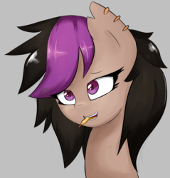 Size: 1189x1246 | Tagged: safe, artist:owlnon, oc, oc only, pony, ammunition, biting, bullet, ear piercing, earring, jewelry, piercing, simple background, smiling, solo