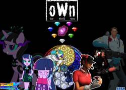 Size: 2346x1692 | Tagged: safe, artist:trungtranhaitrung, princess celestia, princess luna, twilight sparkle, oc, oc:o.w.n medic, oc:twivine sparkle, equestria girls, g4, boots, chaos emerald, clothes, crossover, disney, femscout, flower, high heel boots, japanese, kingdom hearts, logo, magic capture device, medic, medic (tf2), o.w.n, recolor, rose, scout (tf2), sega, skirt, sonic chronicles x, sonic the hedgehog (series), team fortress 2, twolight