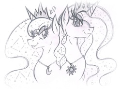 Size: 1859x1371 | Tagged: safe, artist:rossmaniteanzu, princess celestia, princess luna, g4, :3, eyeshadow, grin, jewelry, lidded eyes, looking at you, makeup, monochrome, necklace, royal sisters, simple background, sisters, sketch, smiling, traditional art, white background