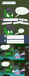 Size: 1280x3326 | Tagged: safe, artist:hummingway, oc, oc only, oc:feather hummingway, oc:swirly shells, ask-humming-way, dialogue, forest, tumblr, tumblr comic
