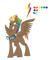 Size: 900x1059 | Tagged: safe, artist:bibmob, oc, oc only, oc:triple zap, pegasus, pony, color palette, goggles, male, offspring, one eye closed, parent:dumbbell, parent:rainbow dash, parents:dumbdash, simple background, solo, spread wings, stallion, transparent background