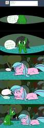 Size: 1280x3733 | Tagged: safe, artist:hummingway, oc, oc only, oc:feather hummingway, oc:swirly shells, ask-humming-way, dialogue, forest, tumblr, tumblr comic