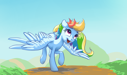 Size: 2592x1527 | Tagged: safe, artist:nadnerbd, rainbow dash, pegasus, pony, g4, dock, female, looking up, mare, open mouth, raised leg, smiling, solo, spread wings, tail, teeth, windswept mane, windswept tail, wings