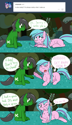 Size: 1280x2207 | Tagged: safe, artist:hummingway, oc, oc only, oc:feather hummingway, oc:swirly shells, ask-humming-way, dialogue, forest, tumblr, tumblr comic