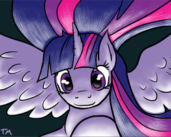 Size: 1236x994 | Tagged: safe, artist:chokuru, twilight sparkle, alicorn, pony, g4, cute, daaaaaaaaaaaw, female, flying, happy, purple, smiling, solo, spread wings, twiabetes, twilight sparkle (alicorn)