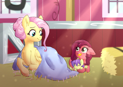 Size: 4093x2894 | Tagged: safe, artist:dreamscapevalley, fluttershy, oc, oc:apple luv, oc:blossom, earth pony, pegasus, pony, g4, alternate hairstyle, baby, baby pony, barn, blanket, crepuscular rays, ear fluff, female, filly, floppy ears, fluttermom, hair bun, high res, newborn, offspring, older, parent:big macintosh, parent:fluttershy, parents:fluttermac