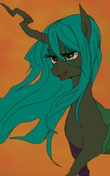 Size: 1080x1732 | Tagged: safe, artist:xkaix2501, queen chrysalis, changeling, changeling queen, g4, cute, cutealis, female, flowing mane, mare, orange background, pixiv, simple background, smiling, solo, younger
