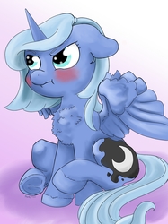 Size: 1247x1664 | Tagged: safe, artist:firimil, princess luna, alicorn, pony, g4, blushing, chest fluff, cute, female, filly, i'm not cute, implied princess celestia, lunabetes, solo, woona, younger