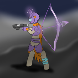Size: 3000x3000 | Tagged: safe, artist:glassmenagerie, pony, unicorn, armor, arrow, bow (weapon), bow and arrow, cape, clothes, destiny (video game), guardian, gun, high res, science fiction, solo, weapon