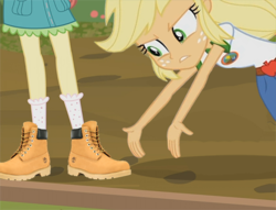 Size: 600x458 | Tagged: safe, edit, edited screencap, screencap, applejack, fluttershy, equestria girls, g4, my little pony equestria girls: legend of everfree, clothes, dissapointed jewish grandparent applejack, meme, shoes, timberland boots, what are thoooose