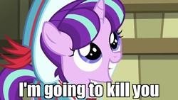 Size: 1280x720 | Tagged: safe, edit, edited screencap, screencap, snowfall frost, starlight glimmer, pony, unicorn, a hearth's warming tail, g4, cute, female, filly, filly starlight glimmer, glimmerbetes, image macro, imminent murder, meme, pure unfiltered evil, solo, younger