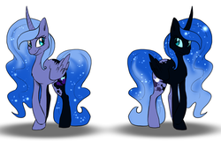 Size: 1600x1024 | Tagged: safe, artist:not-ordinary-pony, nightmare moon, princess luna, alicorn, pony, g4, corrupted, curved horn, duality, duo, duo female, female, horn, missing accessory, nightmare luna, s1 luna, shadow, simple background, white background