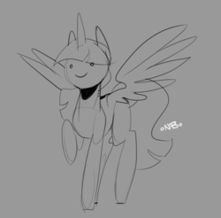 Size: 857x844 | Tagged: safe, artist:novabytes, twilight sparkle, alicorn, pony, g4, female, raised hoof, signature, simple background, sketch, smiling, solo, spread wings, twilight sparkle (alicorn)