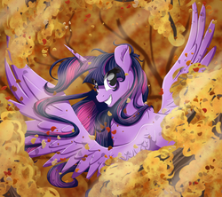 Size: 4000x3551 | Tagged: safe, artist:bratzoid, twilight sparkle, alicorn, pony, g4, autumn, female, grin, smiling, solo, spread wings, twilight sparkle (alicorn)