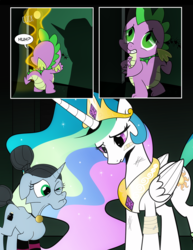 Size: 1275x1650 | Tagged: safe, artist:dsana, princess celestia, professor inkwell, spike, pony, comic:to look after, g4, bandage, bandaid, bruised, comic, magic, sad