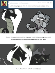 Size: 666x880 | Tagged: safe, artist:egophiliac, princess luna, oc, oc:exuvia, oc:imogen, oc:pebbl, oc:pharate, oc:tumbler, changeling, changeling queen, moonstuck, g4, cartographer's cap, changeling queen oc, female, filly, hat, magic, marauder's mantle, monochrome, moon roc, partial color, rock, woona, woonoggles, younger