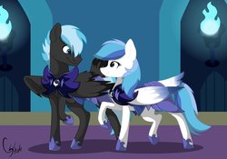 Size: 1024x715 | Tagged: safe, artist:colourstrike, oc, oc only, oc:silver skies, oc:stormchaser, pegasus, pony, armor, cute, female, guardsmare, looking at each other, love, male, mare, night guard, royal guard, shipping, stallion