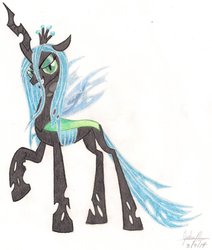 Size: 823x970 | Tagged: safe, artist:soulsliver249, queen chrysalis, changeling, changeling queen, g4, crown, female, jewelry, raised hoof, regalia, solo, traditional art