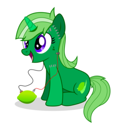 Size: 2999x3165 | Tagged: safe, artist:limedreaming, oc, oc only, oc:lime dream, pony, unicorn, clothes, costume, cutie mark, female, food, frankenstein's monster, high res, lime, mare, nightmare night costume, simple background, sitting, smiling, solo, transparent background, vector