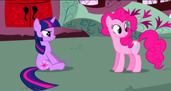 Size: 1360x730 | Tagged: safe, screencap, pinkie pie, twilight sparkle, pony, g4, the ticket master, annoyed, frown, glare, gritted teeth, looking back, sitting, smiling