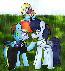 Size: 1024x1120 | Tagged: safe, artist:northlights8, rainbow dash, scootaloo, soarin', oc, pony, g4, colored wings, crying, floppy ears, male, marriage, ship:soarindash, shipping, straight
