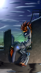 Size: 1080x1920 | Tagged: safe, artist:justafallingstar, oc, oc only, oc:starfall spark, fallout equestria, fallout equestria: lost empire, augmentation, augmented, bottle, collar, crying inside, depressed, drunk, empty eyes, lying, moon, night, no catchlights, on back, pipbuck, resting, ruins, sky, wall, window, wings, wires