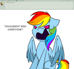 Size: 1024x953 | Tagged: safe, artist:yogfan, rainbow dash, pony, g4, ask, behaving like a bird, descriptive noise, deviantart, faic, female, meme, partially open wings, simple background, solo, transparent background, wings