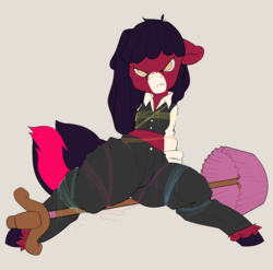 Size: 4008x3956 | Tagged: safe, artist:thigh-high-pony, oc, oc only, oc:florid, clothes, clumsy, dreadlocks, high res, lamp, looking at you, red and black oc, solo, tied up, unshorn fetlocks