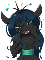 Size: 960x1280 | Tagged: safe, artist:30clock, queen chrysalis, changeling, changeling queen, g4, bipedal, blushing, cute, cute little fangs, cutealis, drool, fangs, female, future diary, heart, looking at you, mirai nikki, open mouth, raised hoof, simple background, smiling, solo, white background, yandere trance, yanderesalis