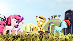 Size: 7680x4320 | Tagged: safe, artist:pointystarz, applejack, cheerilee, lyra heartstrings, pinkie pie, rainbow dash, starlight glimmer, g4, 3d, absurd resolution, cider mug, desperation, mug, need to pee, omorashi, outhouse, port-a-potty, potty dance, potty emergency, potty time, source filmmaker, trotting in place