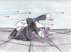 Size: 2325x1701 | Tagged: safe, artist:scribblepwn3, rarity, pony, unicorn, g4, action pose, backbend, boots, bullet dodge, bullet time, commission, crossover, female, pistachio nut, solo, the matrix, traditional art, watercolor painting